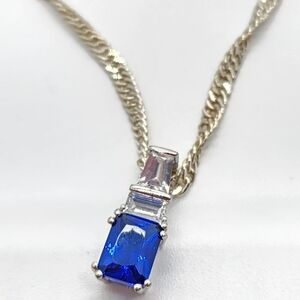 Vintage 925 Sterling 14K Gold Plated 20" Spiral Chain W/ Emerald Cut Sapphire